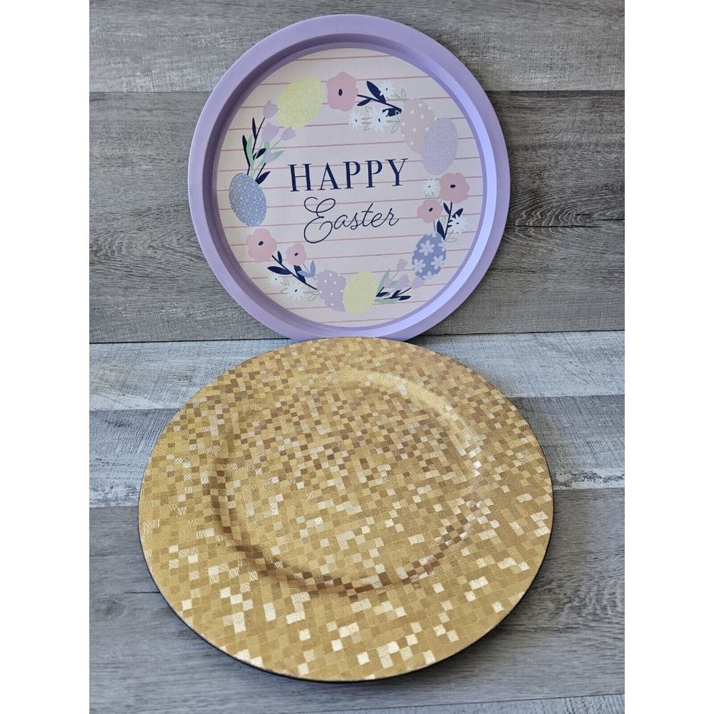 Easter Flowers Round Metal Tray Whimsical Eggs & Gold 12.5" Serving Tray Lot